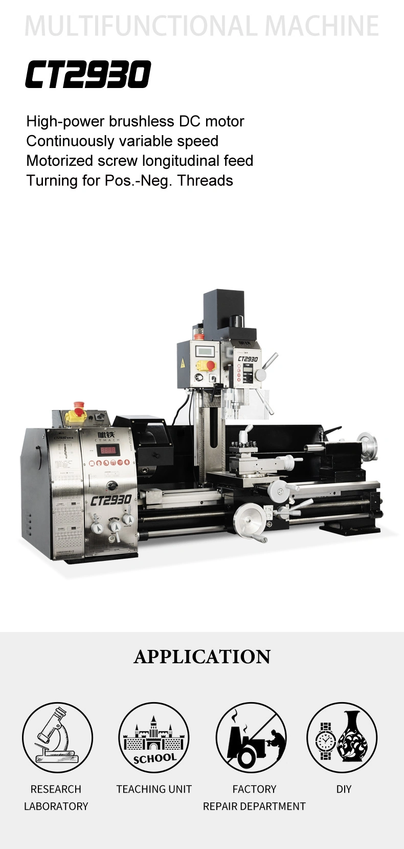 High Precision Variable Speed Combo Lathe 1.1 Kw Combo Lathe/Mill/Drills with CT2930