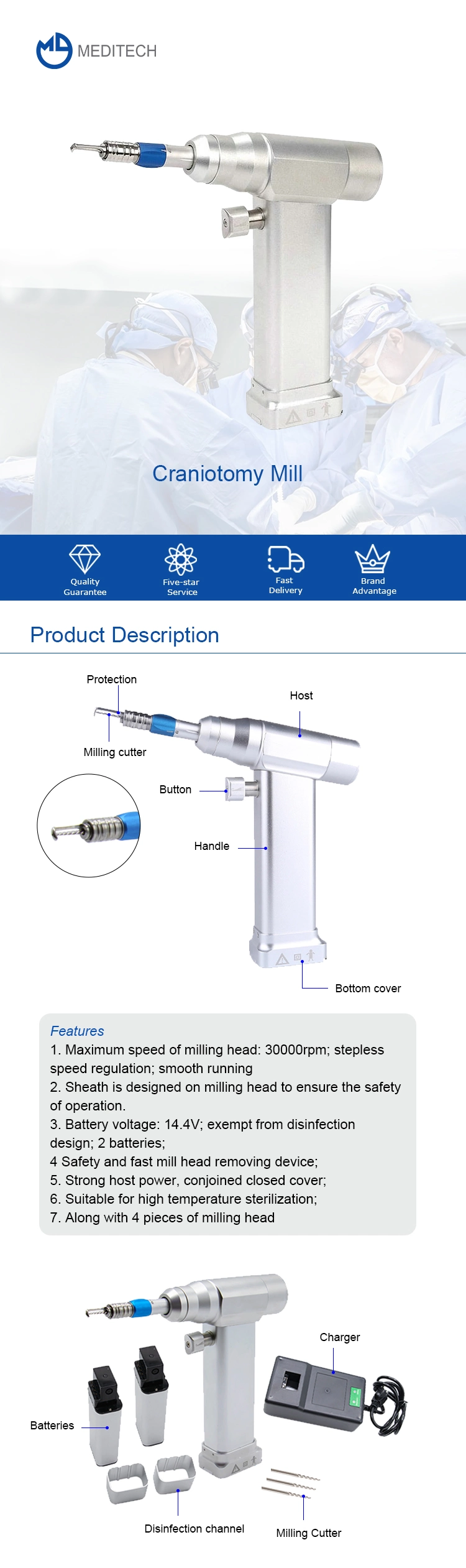 High Quality Orthopedic Surgical Instruments Craniotomy Mill Medical Power Tools Craniotomy Drill