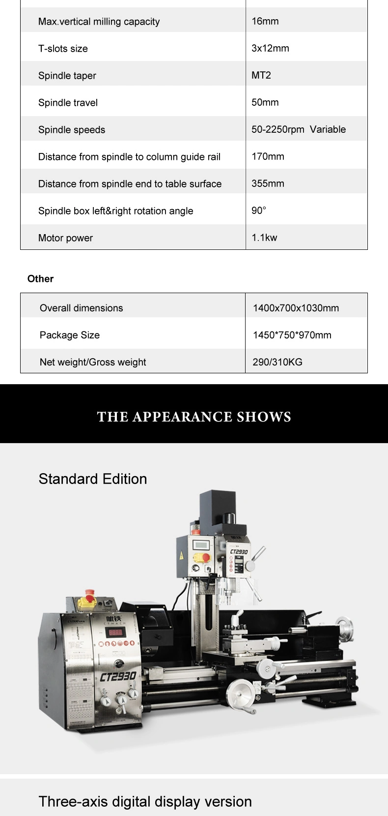 High Precision Variable Speed Combo Lathe 1.1 Kw Combo Lathe/Mill/Drills with CT2930